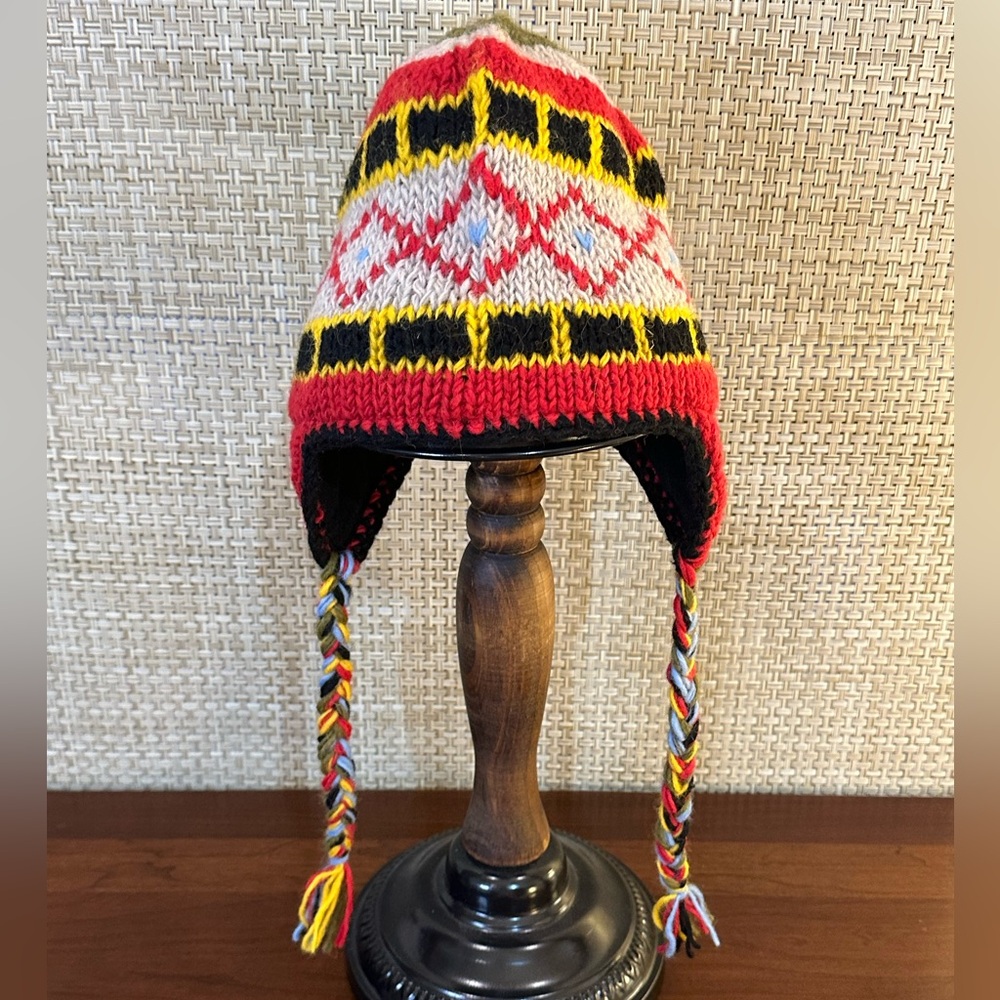 🌟HP🌟Himalayan Trapper Hat 100% Red & Greige Wool Handcraft Collection D&Y Nepal